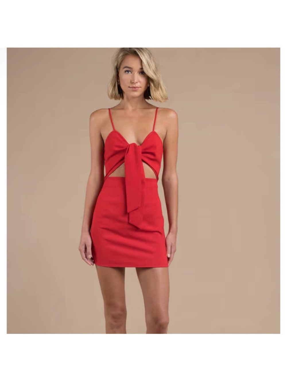 Tobi Red Bow-Front Cutout Spaghetti Strap Mini Dress